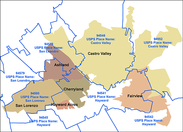 image of map showing thatplacenames and zip cods do not align with urban unincorporated Alameda County communities